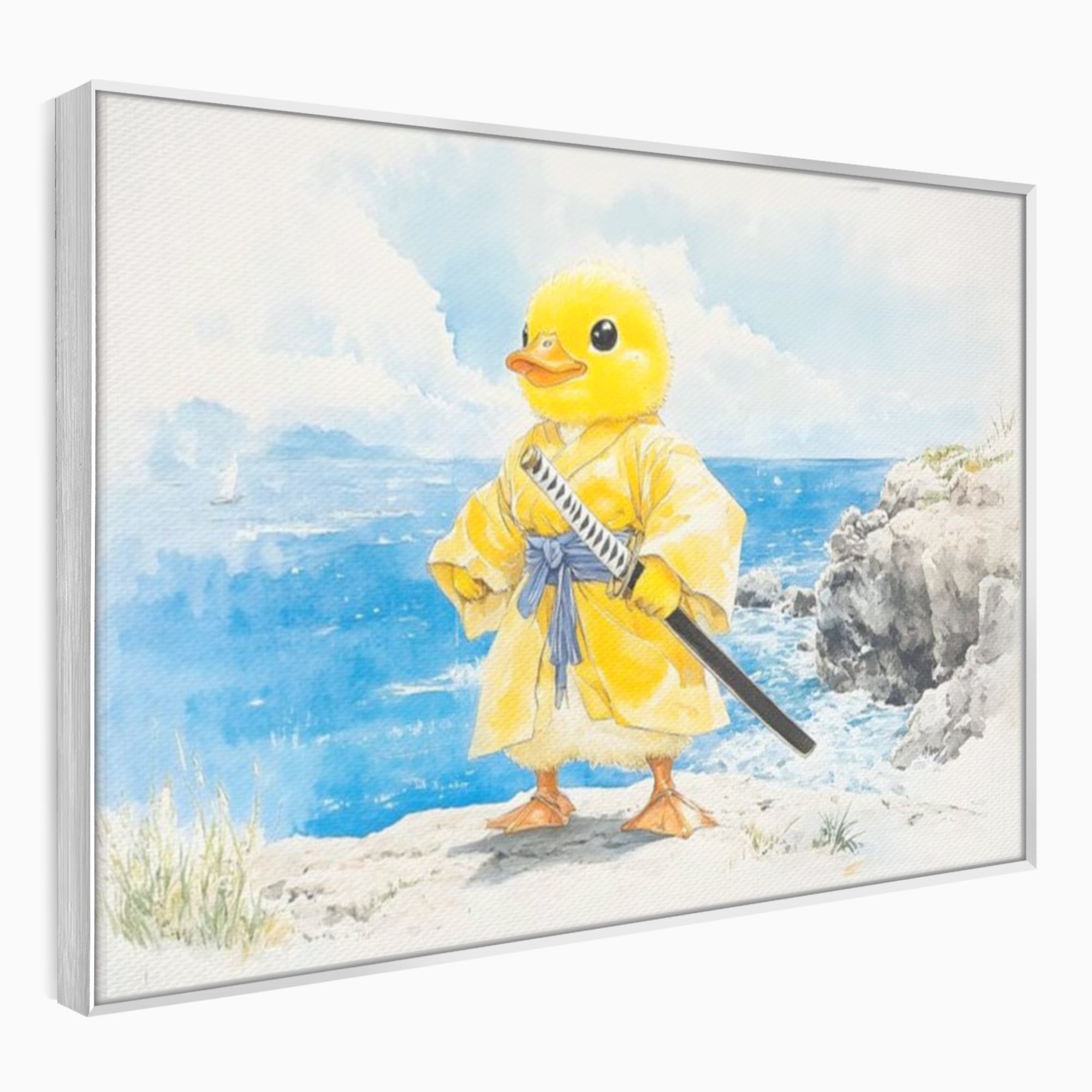 Tablou canvas cu rata samurai galben pe stanca, in rama de aluminiu argintiu